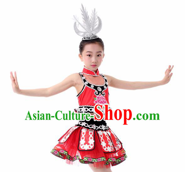 Traditional Chinese Child Miao Nationality Red Skirt Ethnic Minority Folk Dance Costume for Kids