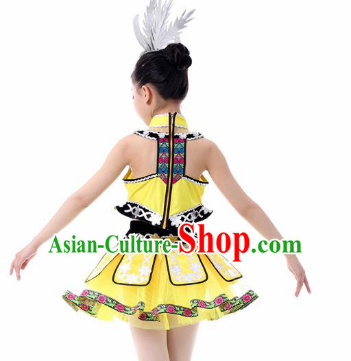 Traditional Chinese Child Miao Nationality Yellow Skirt Ethnic Minority Folk Dance Costume for Kids