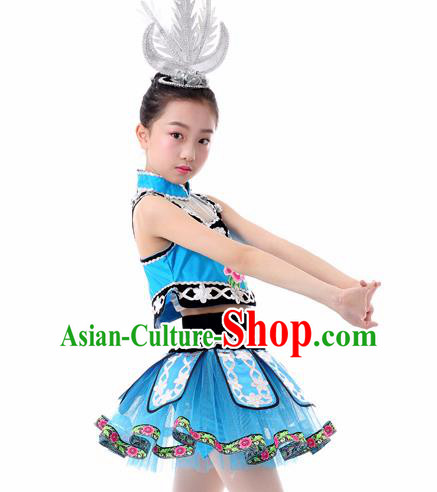 Traditional Chinese Child Miao Nationality Blue Skirt Ethnic Minority Folk Dance Costume for Kids