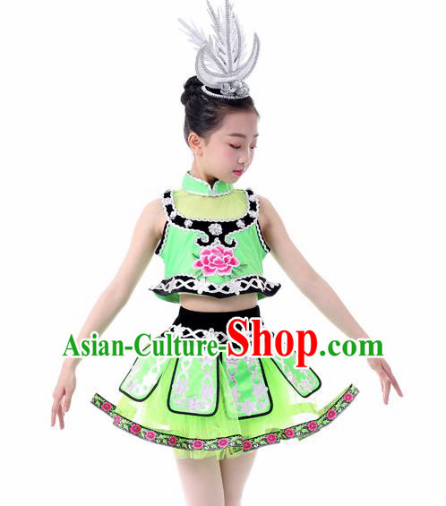 Traditional Chinese Child Miao Nationality Green Skirt Ethnic Minority Folk Dance Costume for Kids