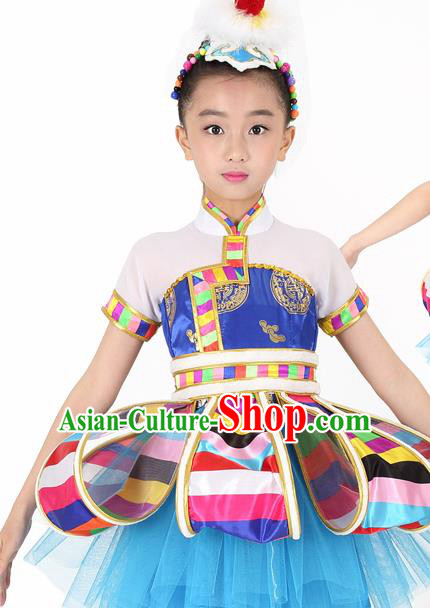 Traditional Chinese Child Tibetan Nationality Blue Dress Ethnic Minority Folk Dance Costume for Kids