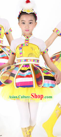 Traditional Chinese Child Tibetan Nationality Yellow Dress Ethnic Minority Folk Dance Costume for Kids