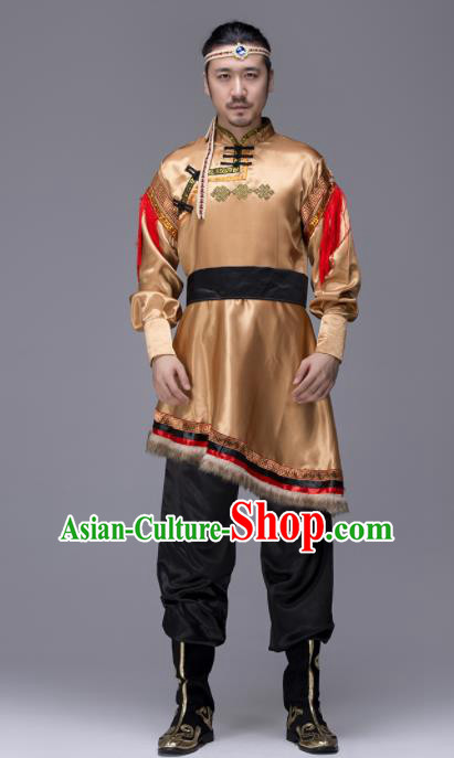 Traditional Chinese Mongol Nationality Khaki Clothing Ethnic Minority Folk Dance Costume for Men