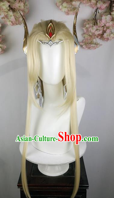 Traditional Chinese Cosplay Swordsman Golden Wigs Sheath Ancient Taoist Chignon and Hair Accessories for Men
