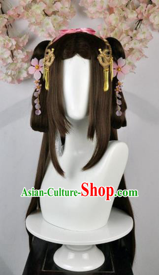 Traditional Chinese Cosplay Goddess Female Swordsman Brown Wigs Sheath Ancient Princess Chignon and Hair Accessories for Women