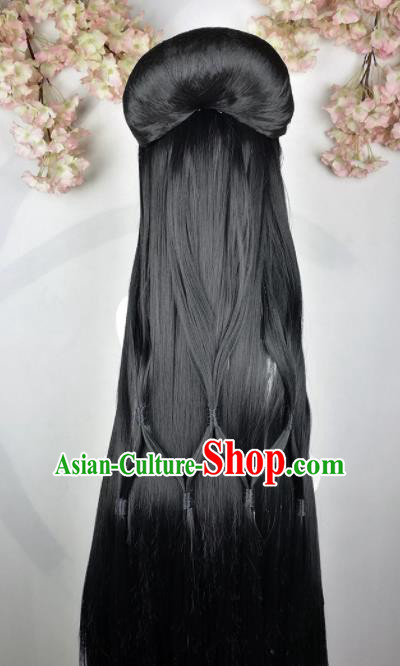 Traditional Chinese Cosplay Female Swordsman Black Wigs Sheath Ancient Princess Chignon for Women