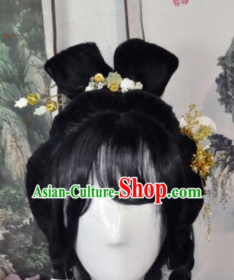 Traditional Chinese Cosplay Flowers Fairy Female Swordsman Black Wigs Sheath Ancient Princess Chignon for Women