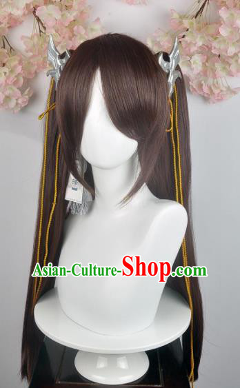 Traditional Chinese Cosplay Young Lady Brown Wigs Sheath and Hair Accessories Ancient Goddess Chignon for Women