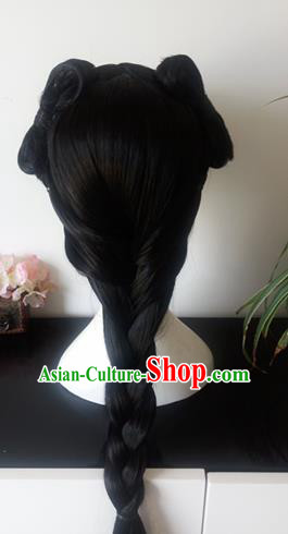 Traditional Chinese Cosplay Princess Black Wigs Sheath Ancient Female Swordsman Chignon for Women