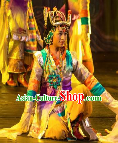 Chinese Happiness On The Way Zang Nationality Dance Yellow Dress Stage Performance Costume and Headpiece for Women