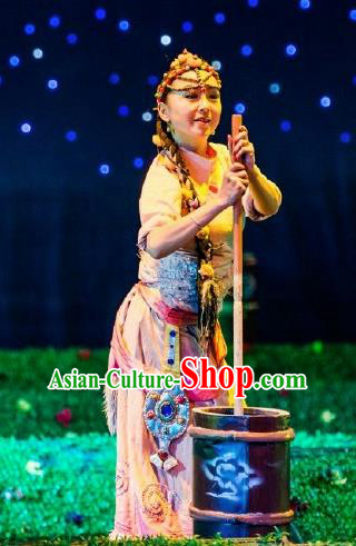 Chinese Happiness On The Way Zang Nationality Female Dance Dress Stage Performance Costume and Headpiece for Women