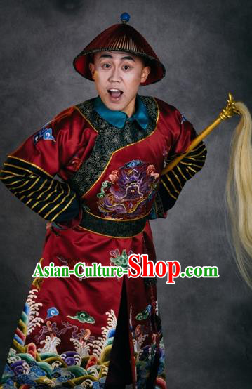 Chinese The Burning Of The Imperial Palace Ancient Qing Dynasty Eunuch Red Clothing Stage Performance Dance Costume for Men