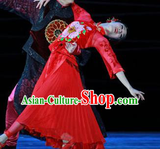 Chinese Female Embroider Classical Dance Red Dress Stage Performance Costume and Headpiece for Women