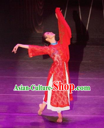 Chinese Female Embroider Folk Dance Fan Dance Red Dress Stage Performance Costume and Headpiece for Women