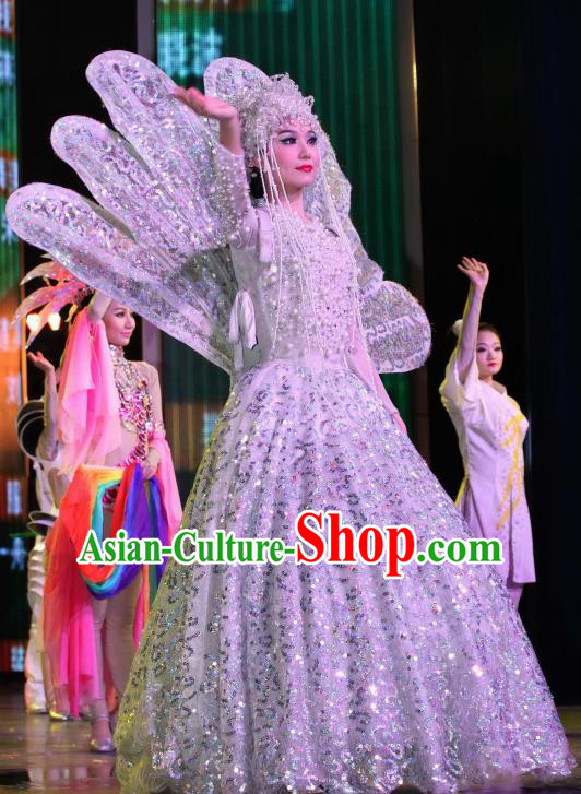 Chinese Night Of West Lake Classical Flower Dance White Dress Stage Performance Costume and Headpiece for Women