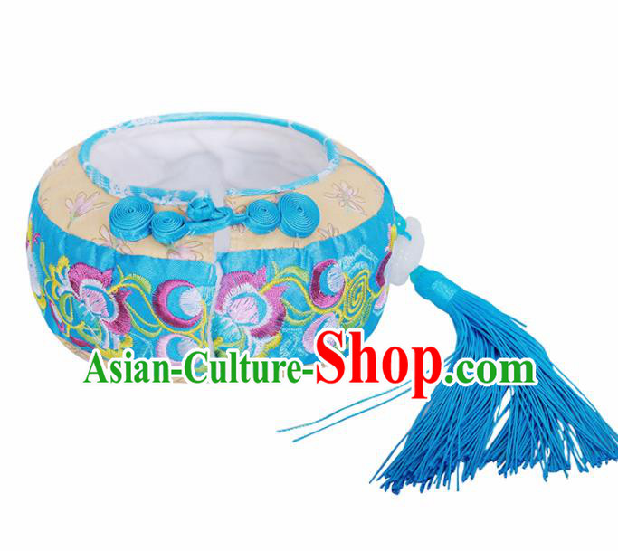 Traditional Chinese Ancient Termofor Cover Embroidered Blue Brocade Bag