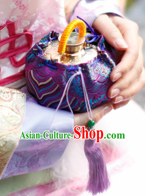 Traditional Chinese Ancient Termofor Cover Wave Pattern Purple Brocade Bag