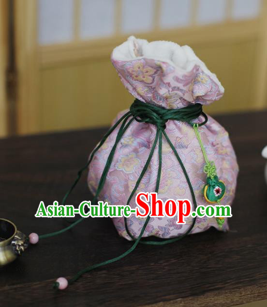 Traditional Chinese Ancient Termofor Cover Embroidered Pattern Pink Brocade Bag