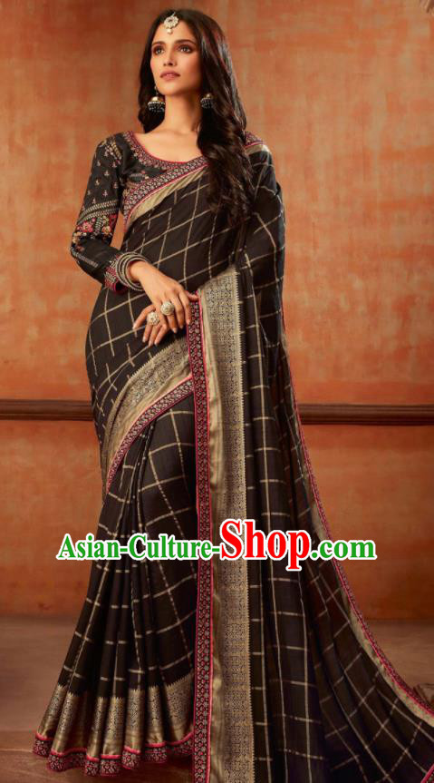 Asian India Traditional Costume Indian Bollywood Embroidered Brown Silk Sari Dress for Women