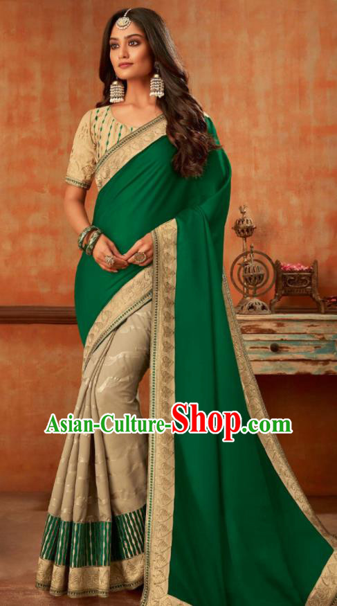 Asian India Traditional Costume Indian Bollywood Embroidered Deep Green Silk Sari Dress for Women
