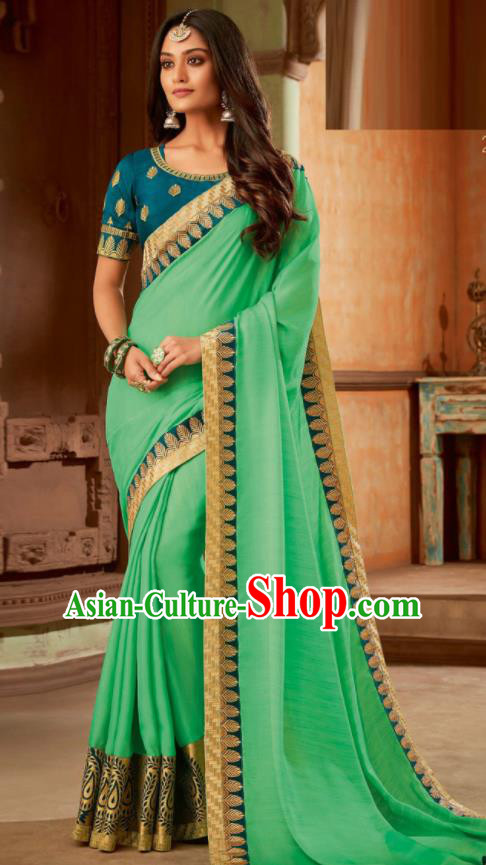 Asian India Traditional Costume Indian Bollywood Embroidered Light Green Silk Sari Dress for Women