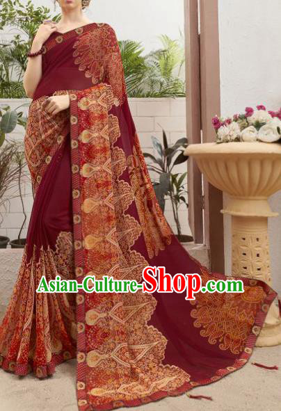 Asian Indian Bollywood Dark Red Saree Dress India Traditional Costumes for Women