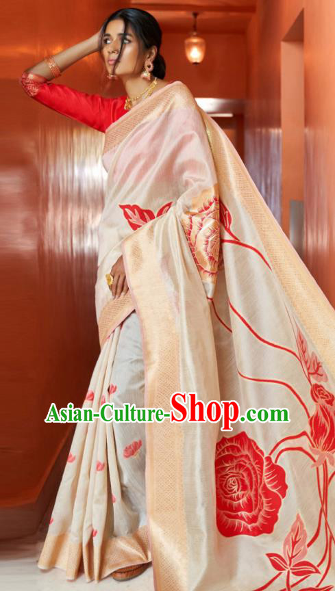 Asian Indian Bollywood Printing Rose Champagne Silk Dress India Traditional Sari Costumes for Women