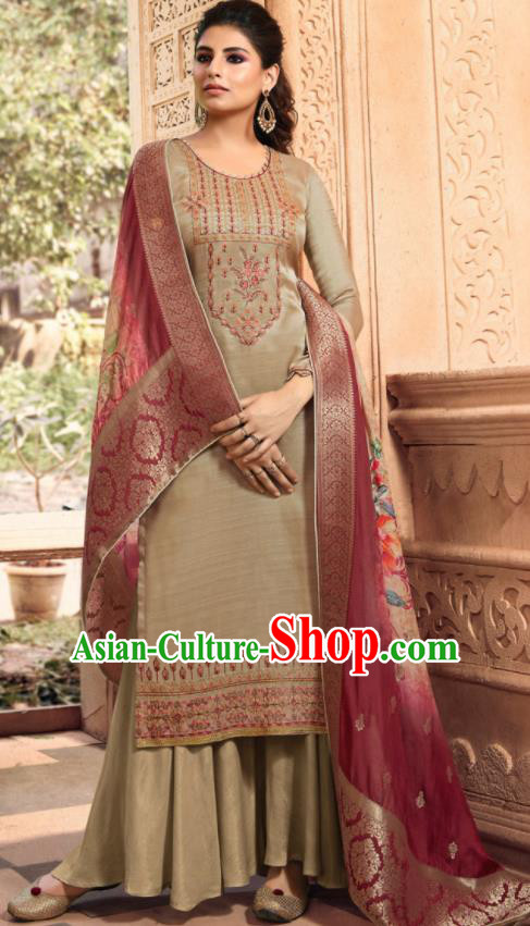 Asian Indian Punjabis Bride Embroidered Khaki Satin Blouse and Pants India Traditional Lehenga Choli Costumes Complete Set for Women