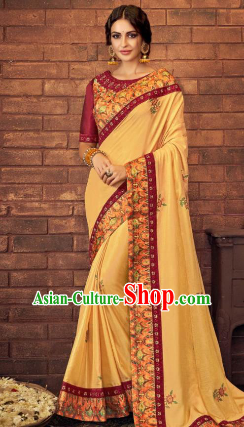 Asian Indian Court Yellow Silk Embroidered Sari Dress India Traditional Bollywood Costumes for Women