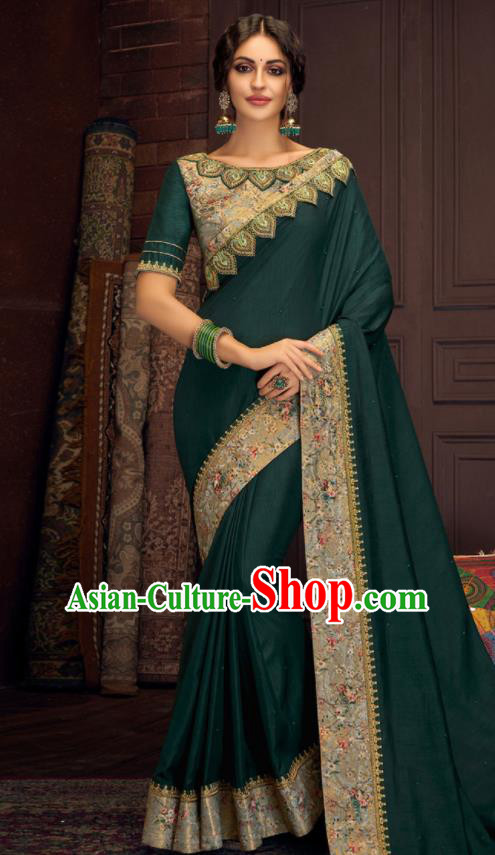Asian Indian Court Atrovirens Silk Embroidered Sari Dress India Traditional Bollywood Costumes for Women
