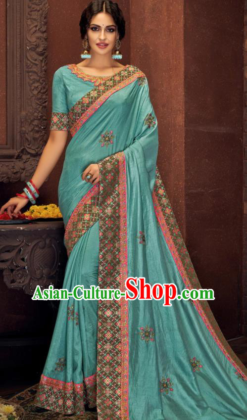 Asian Indian Court Light Blue Silk Embroidered Sari Dress India Traditional Bollywood Costumes for Women