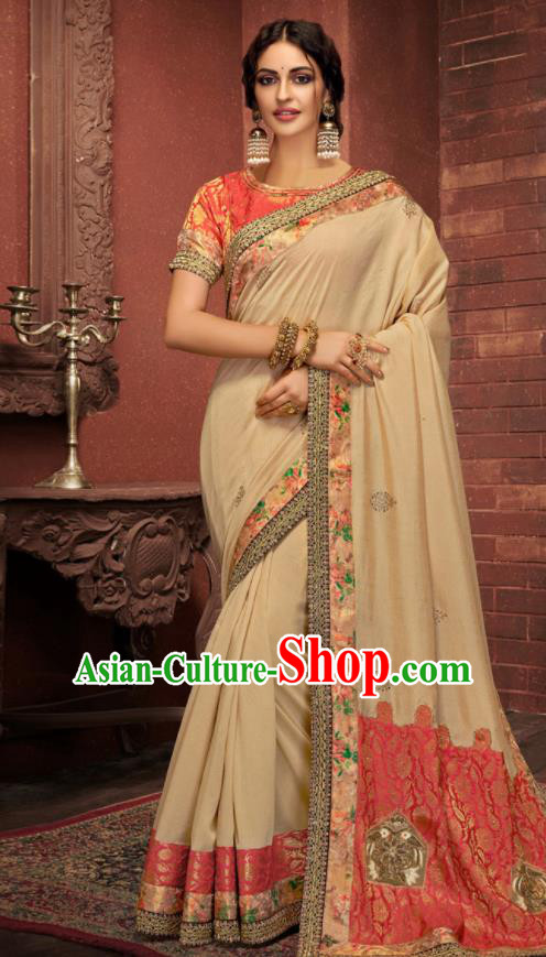 Asian Indian Court Ginger Silk Embroidered Sari Dress India Traditional Bollywood Costumes for Women