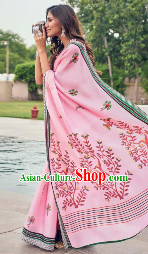Asian Indian Court Pink Tussar Silk Sari Dress India Traditional Bollywood Costumes for Women
