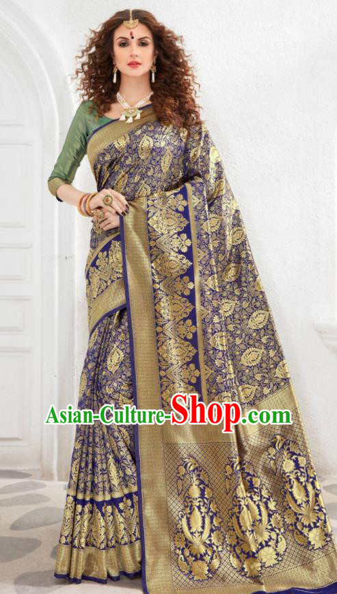 Asian Indian Court Royalblue Silk Sari Dress India Traditional Bollywood Costumes for Women