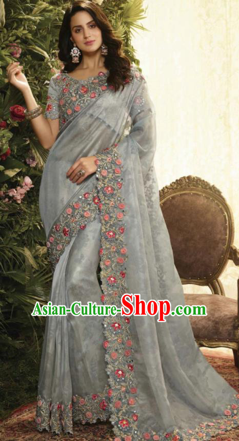 Asian Indian Court Princess Grey Embroidered Satin Sari Dress India Traditional Bollywood Costumes for Women