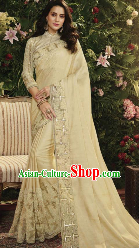 Asian Indian Court Princess Light Apricot Embroidered Satin Sari Dress India Traditional Bollywood Costumes for Women