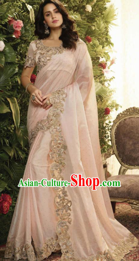 Asian Indian Court Princess Light Pink Embroidered Satin Sari Dress India Traditional Bollywood Costumes for Women