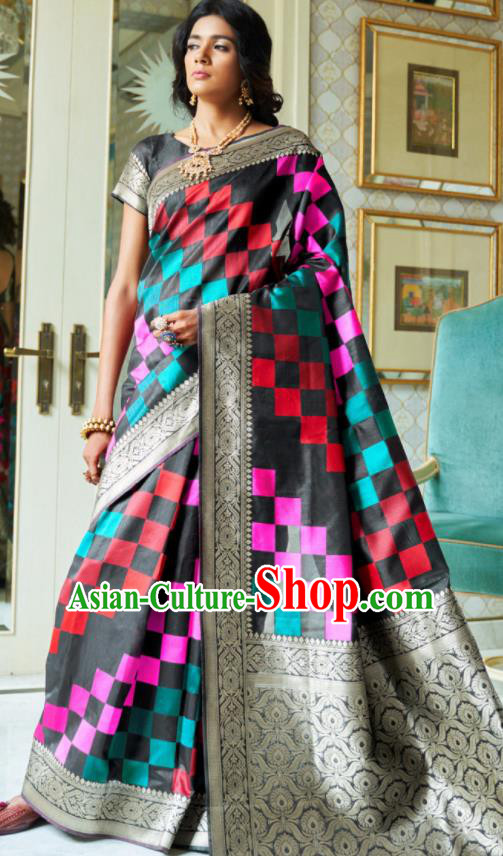 Asian Indian Court Black Silk Sari Dress India Traditional Bollywood Princess Costumes for Women