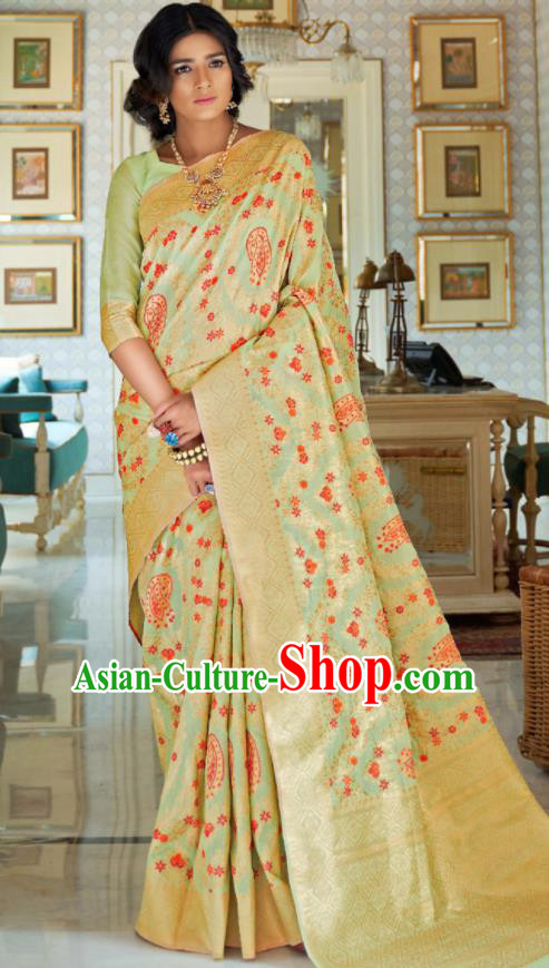 Asian Indian Court Light Green Silk Sari Dress India Traditional Bollywood Princess Costumes for Women