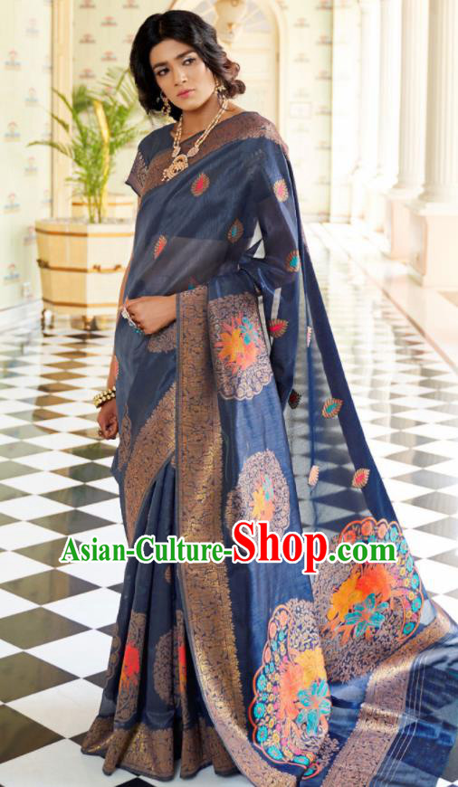 Asian Indian Court Navy Silk Sari Dress India Traditional Bollywood Princess Costumes for Women