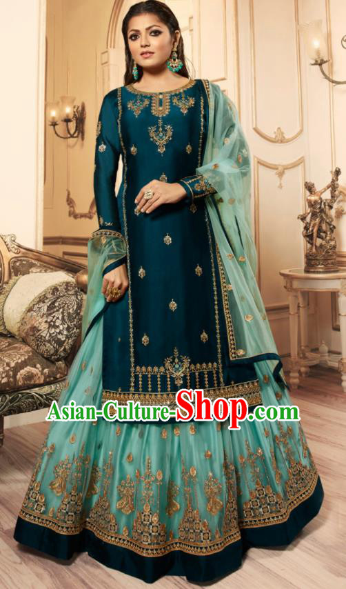 Asian India Traditional Lehenga Choli Costumes Indian Bollywood Embroidered Peacock Blue Skirt and Blouse for Women