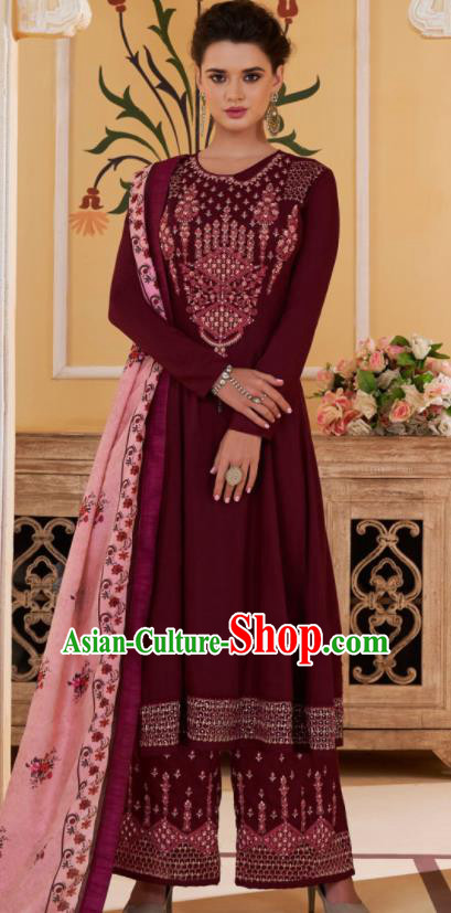 Asian Indian Embroidered Wine Red Muslin Blouse and Pants India Traditional Lehenga Choli Costumes Complete Set for Women