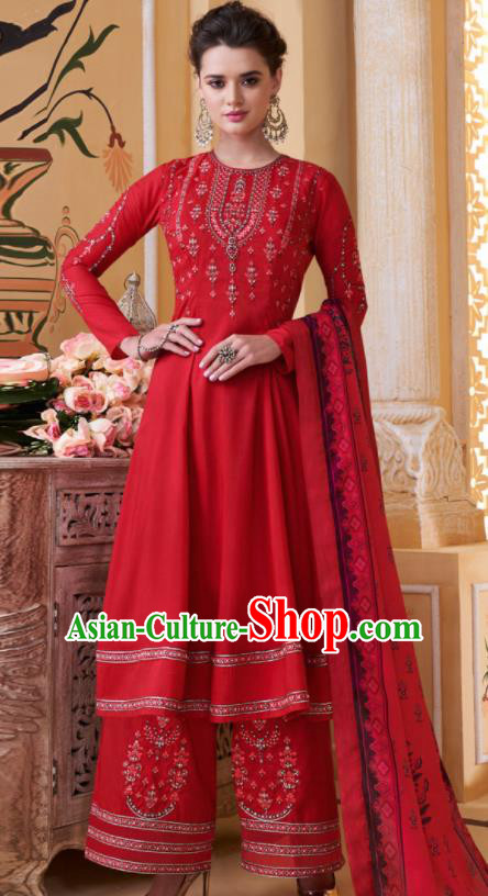 Asian Indian Embroidered Red Muslin Blouse and Pants India Traditional Lehenga Choli Costumes Complete Set for Women