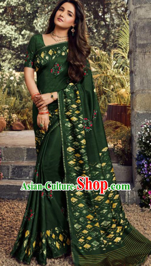Asian India Traditional Sari Costumes Indian Bollywood Embroidered Deep Green Silk Dress for Women