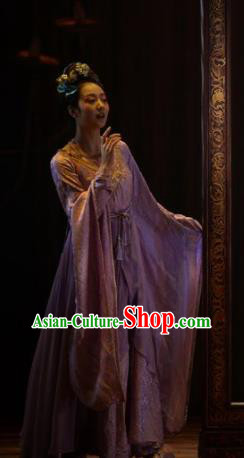 Chinese Zhaojun Chu Sai Ancient Han Dynasty Classical Dance Lilac Dress Stage Performance Costume and Headpiece for Women