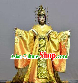 Chinese Zhaojun Chu Sai Ancient Court Queen Golden Dress Stage Performance Dance Costume and Headpiece for Women