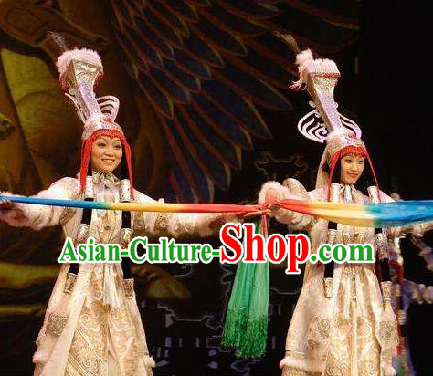 Chinese Zhaojun Chu Sai Ancient Mongol Nationality Princess White Dress Stage Performance Dance Costume and Headpiece for Women