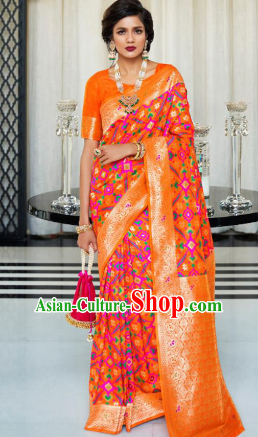 Asian Indian Orange Silk Sari Dress India Traditional Festival Bollywood Court Costumes for Women