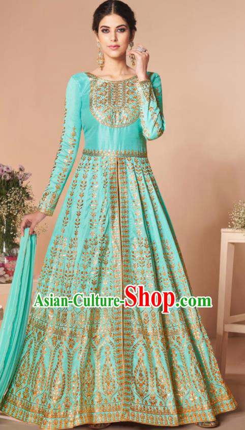 Asian Indian Lehenga Embroidered Lake Blue Silk Blened Dress India Traditional Bollywood Court Costumes for Women