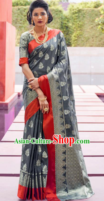 Asian Indian Festival Grey Silk Sari Dress India Bollywood Traditional Court Costumes for Women